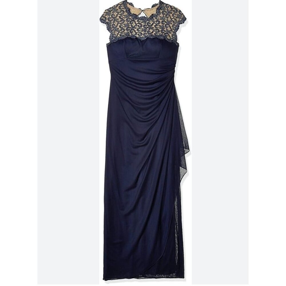 Womens Alex Evenings Dress Holiday Formal Navy Lace Cap Ruched Chiffon size 14 - Picture 2 of 15